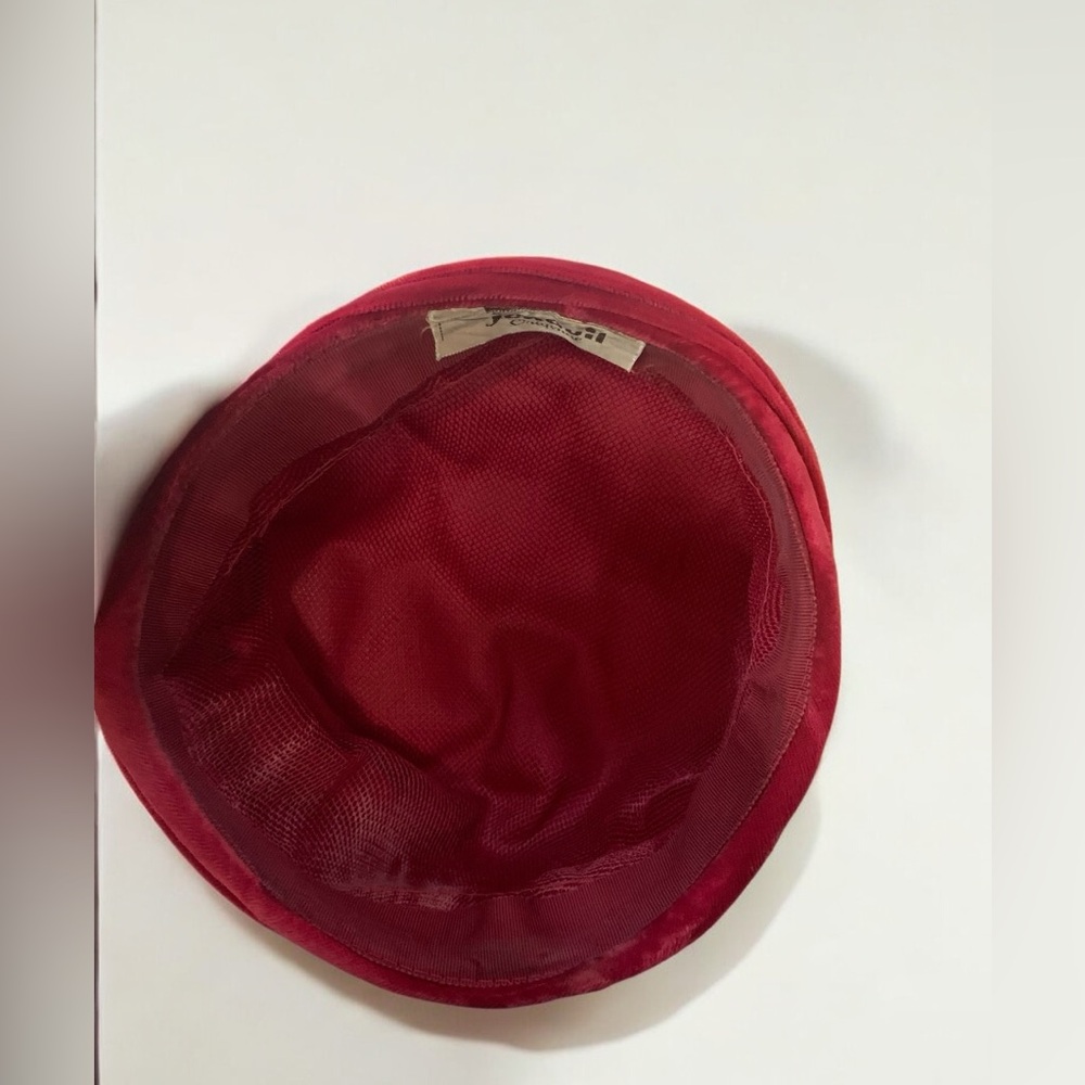1960s Raspberry Red Vintage Velvet Turban Hat with Jewel Accent - Picture 13 of 14
